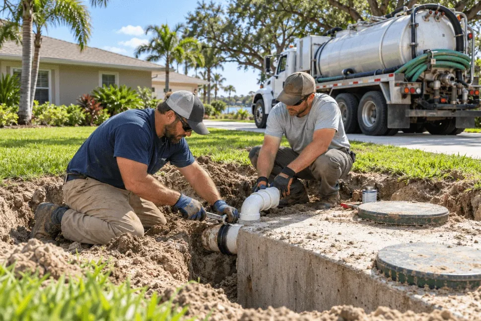 Two workers repairing a septic tank pipe connection with a service truck nearby